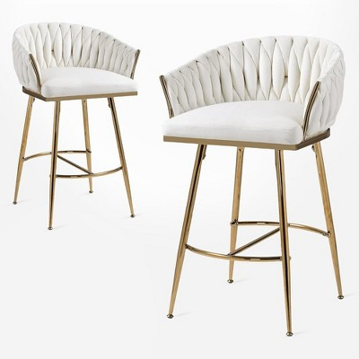 BABYYER 26" Velvet Bar Stools Set of 2, Counter Height Chairs with Handcrafted Wave Backrest, Gold Chrome Base, Footstool for Kitchen Island - Beige | Target