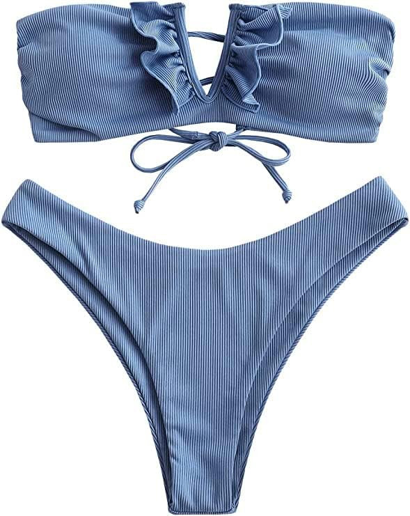 ZAFUL Women V-Wired Ruffle Ribbed Bandeau Bikini, Lace Up Bikinis Strapless Two Pieces Swimsuit | Amazon (US)