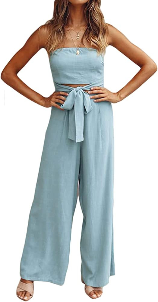 loveimgs Women's Strapless Bandeau Tube Wide Leg Jumpsuit One Piece Cutout Tie Knot Romper Outfit | Amazon (US)