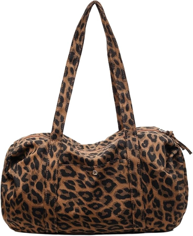 Women\u2019s Y2K Leopard Print Nylon Shoulder Bag, Retro CHic Boston Bag, Stylish Causal Barrel B... | Amazon (US)
