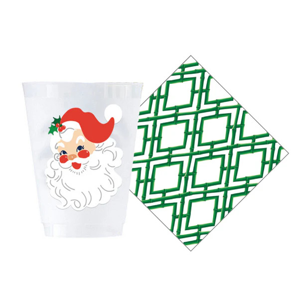 Bundle: Santa Shatterproof Cups + Green Bamboo Cocktail Napkins | WH Hostess Social Stationery