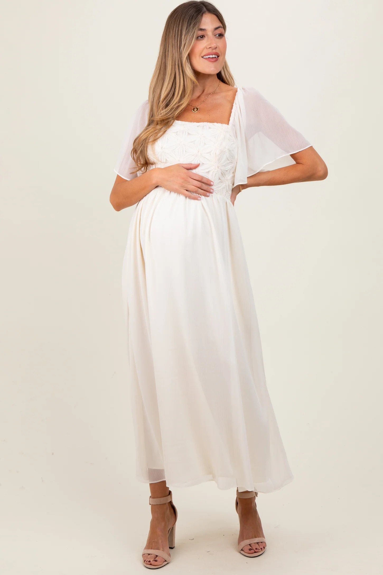 Cream Floral Applique Flutter Sleeved Maternity Midi Dress | PinkBlush Maternity