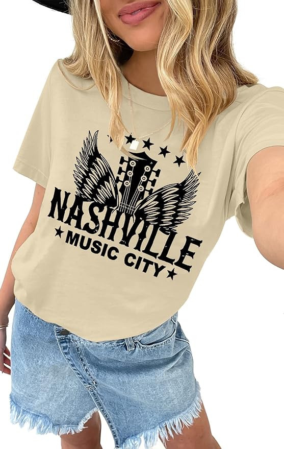 Binshre Womens Nashville Tshirt Tennessee Country Concert Graphic Tees Guitar Wings Rock and Roll... | Amazon (US)