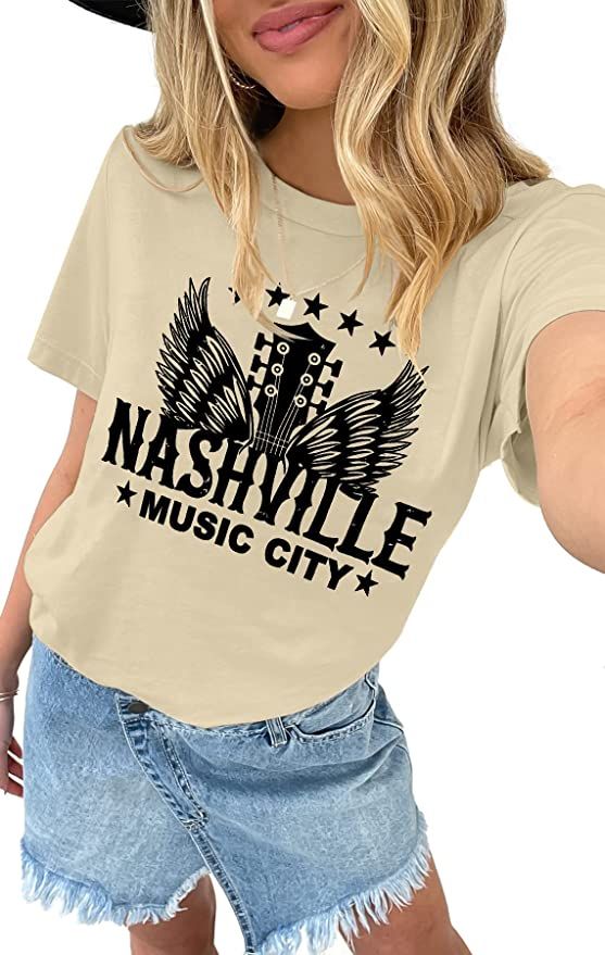 Binshre Womens Nashville Tshirt Tennessee Country Concert Graphic Tees Guitar Wings Rock and Roll... | Amazon (US)