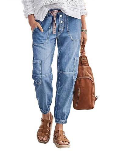Flamingals Straight Leg Button Fly Jeans for Women Multi Pocket Mid Rise Jeans Without Belt Denim Pants Light Blue XL | Amazon (US)