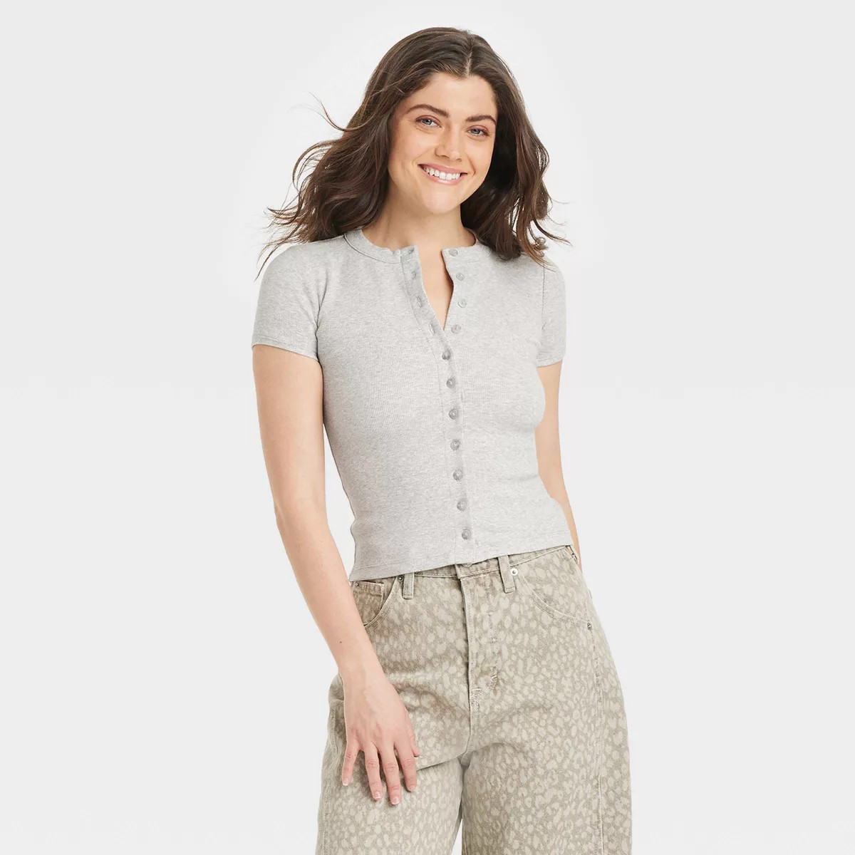 Women's Short Sleeve Button-Down T-Shirt - Universal Thread™ Heather Gray S | Target