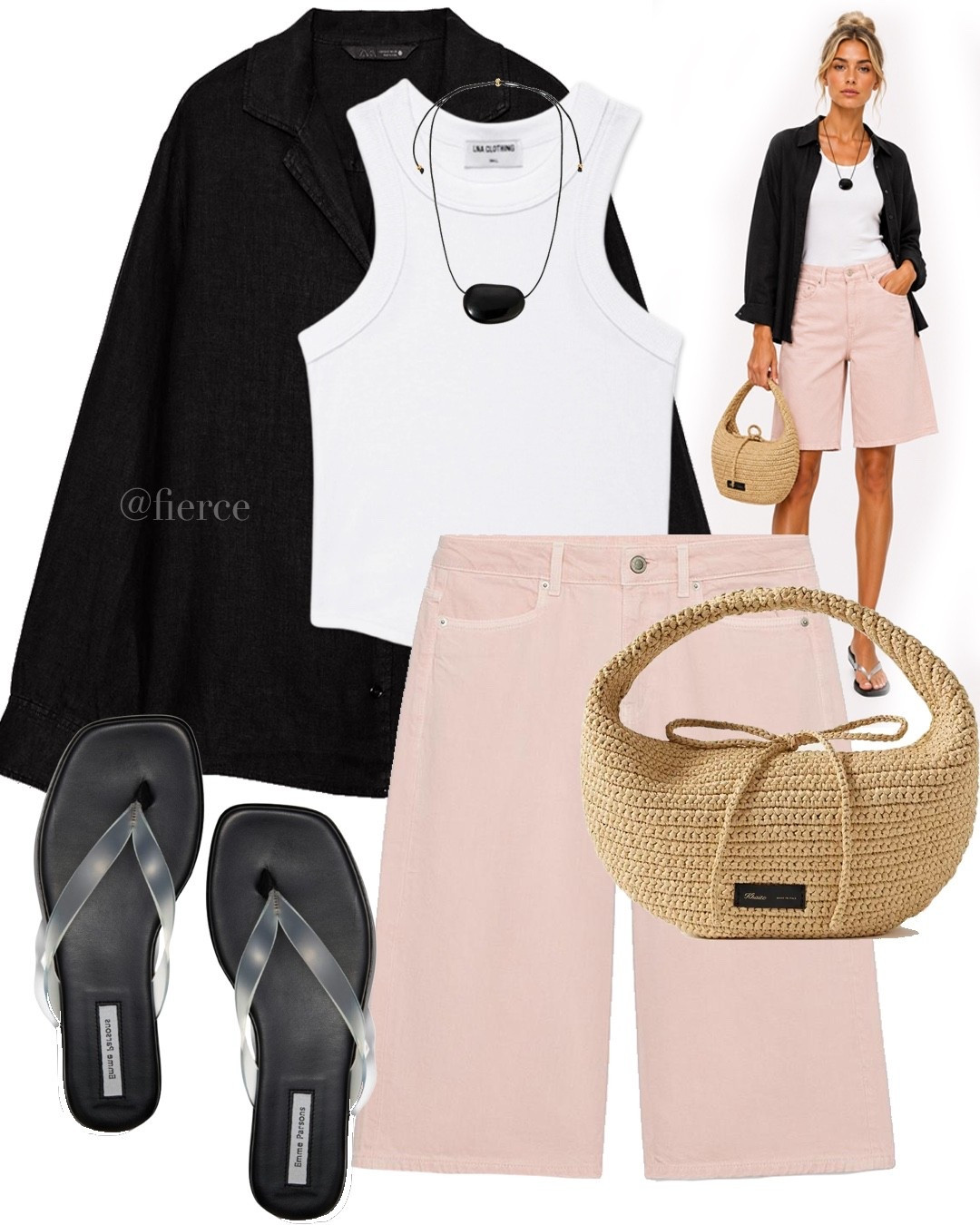 Pink denim shorts black linen shirt white tank top clear & black sandals  Khaite raffia bag

#LTKuk #LTKsummer #LTKeurope