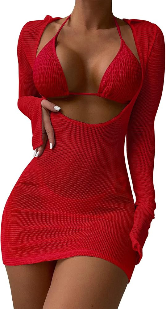 Lilosy Sexy Long Sleeve Mesh Swimsuit 3 Pieces Cover Up Bikini Set | Amazon (US)