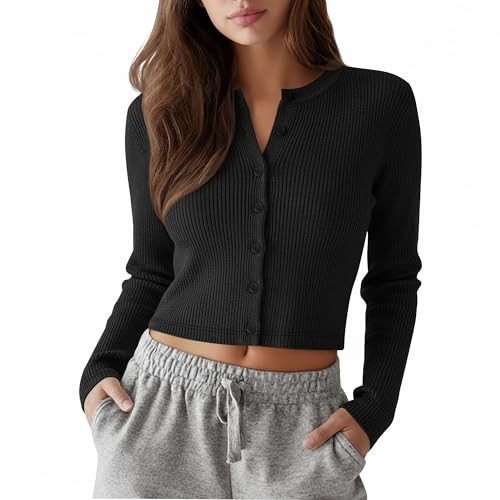 Neer Women's Cropped Cardigan Cotton Ribbed Knit Long Sleeve Top Crew Neck Cardigan Open Front Button Down Shirt(Black,Small) | Amazon (US)