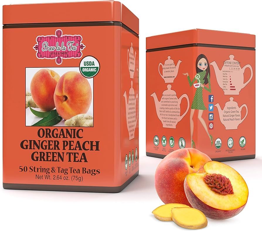 Brew La La Organic Green Tea - Natural Ginger Peach Flavor - 50 Double Chambered Tea Bags - Low C... | Amazon (US)