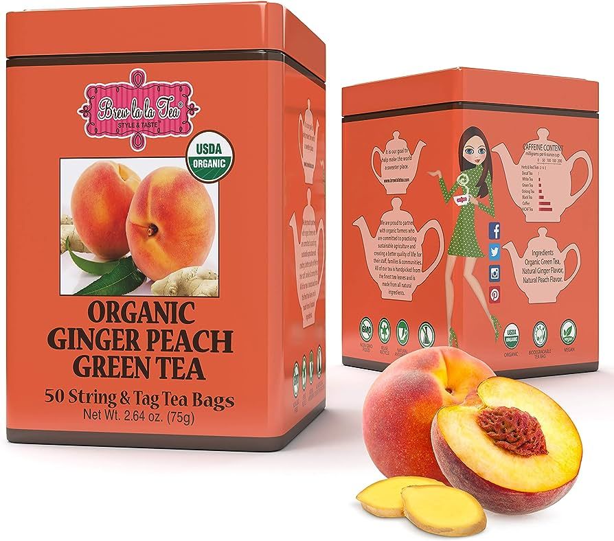 Brew La La Organic Green Tea - Natural Ginger Peach Flavor - 50 Double Chambered Tea Bags - Low C... | Amazon (US)