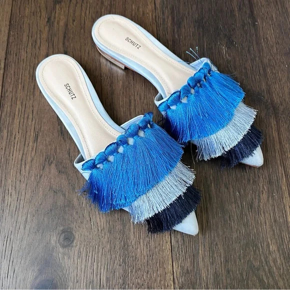 Schutz Leather Pointed Toe Mules, blue fringe Sz 6.5, preppy boho | Poshmark