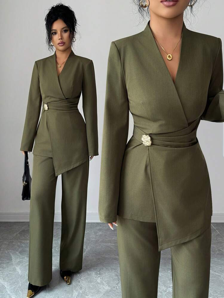 Rafferiza Olive Green Asymmetrical V-Neck 2 Pieces Set, Commuting Fashion, Workwear, Casual, Slim Fit, Slimming, Metal Buckle, Elegant Long Pants | SHEIN