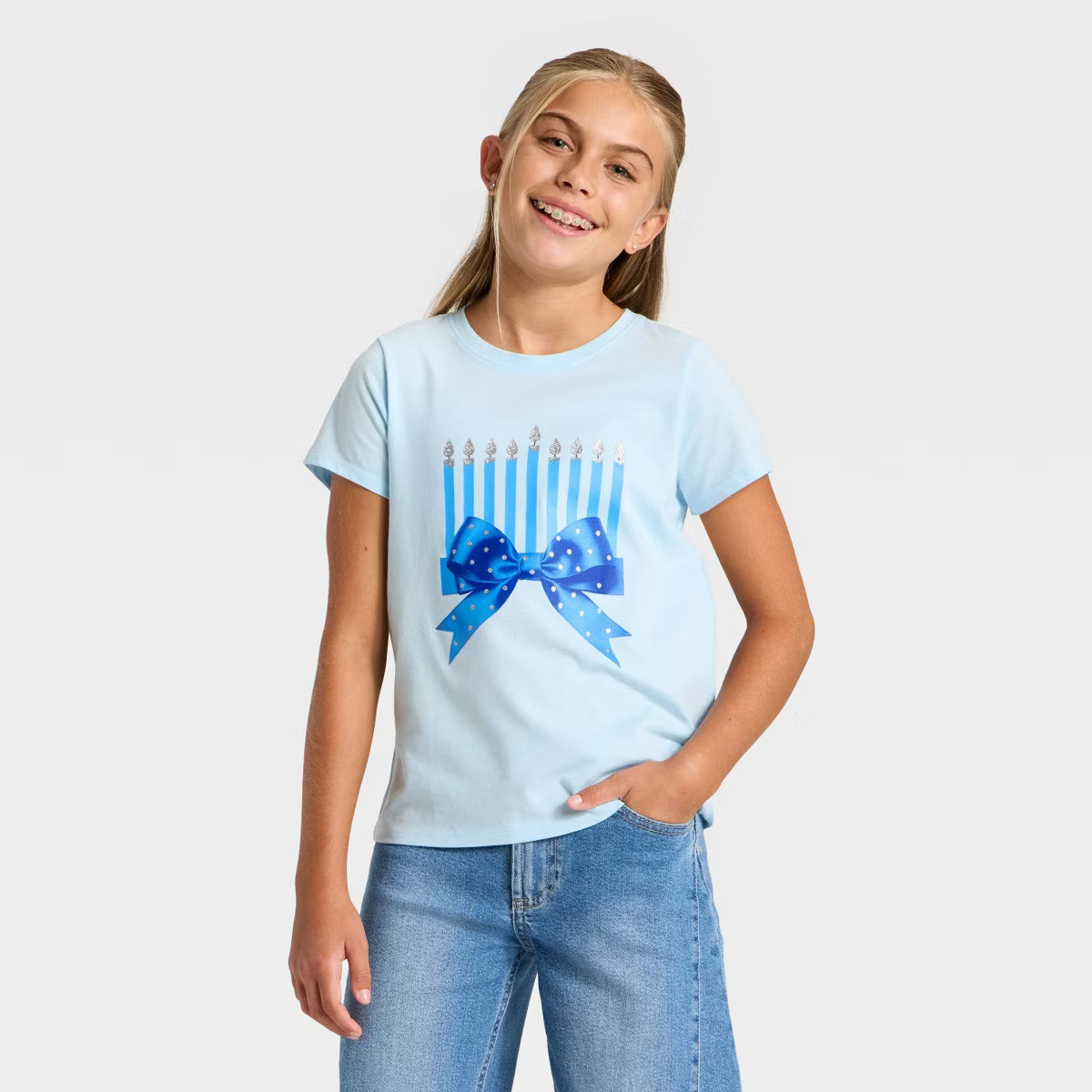Girls' Short Sleeve Hanukkah 'Menorah' Graphic T-Shirt - Cat & Jack™ Light Blue M | Target