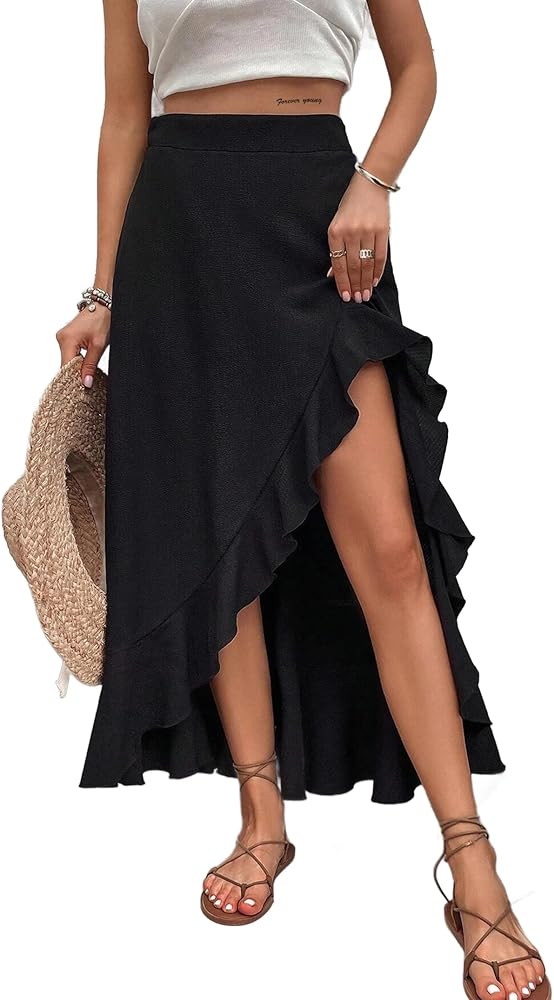 Avanova Women's Slit Split Ruffle Long Skirts High Waisted Summer Flowy Maxi Skirts | Amazon (US)
