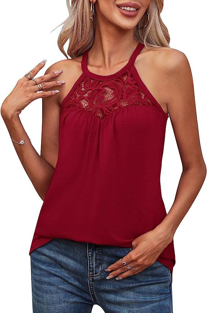 LUYAA Summer Tank Tops for Women Loose Fit Lace Boho Halter Tops Pleated Casual Flowy Sleeveless ... | Amazon (US)