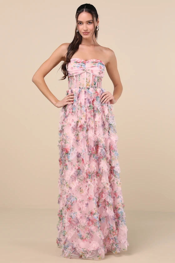 Stunning Element Pink Floral Mesh Ruffled Strapless Maxi Dress | Lulus