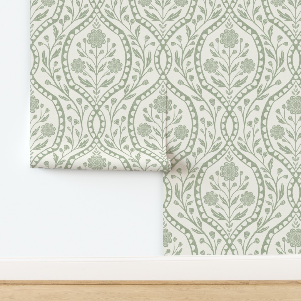 Large XL Sage Green Wildflower Damask Neutral Woodland Nursery Cottage Calm Wallpaper | Spoonflow... | Spoonflower