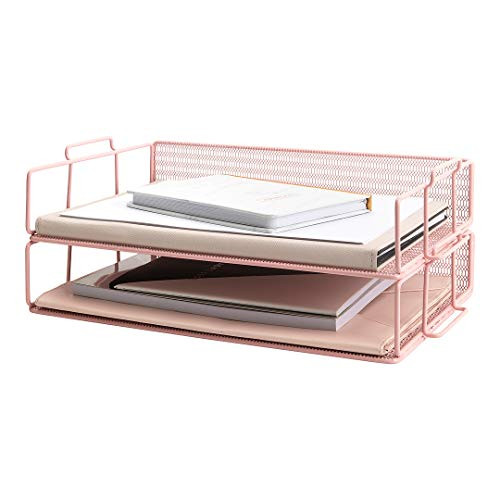 Blu Monaco Rose Gold Desk Organizer Stackable Paper Tray Set of 2 - Metal Wire Two Tier Tray - Stack | Amazon (US)