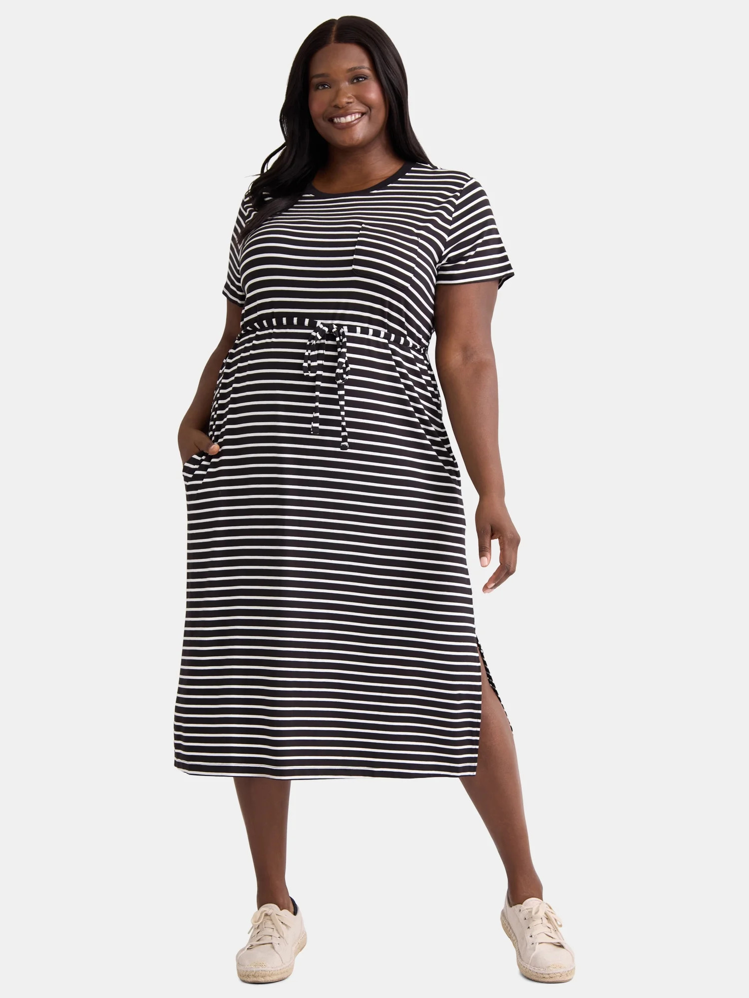 Time and Tru Women's and Women's Plus Belted Dress with Short Sleeves, Sizes XS-4X | Walmart (US)