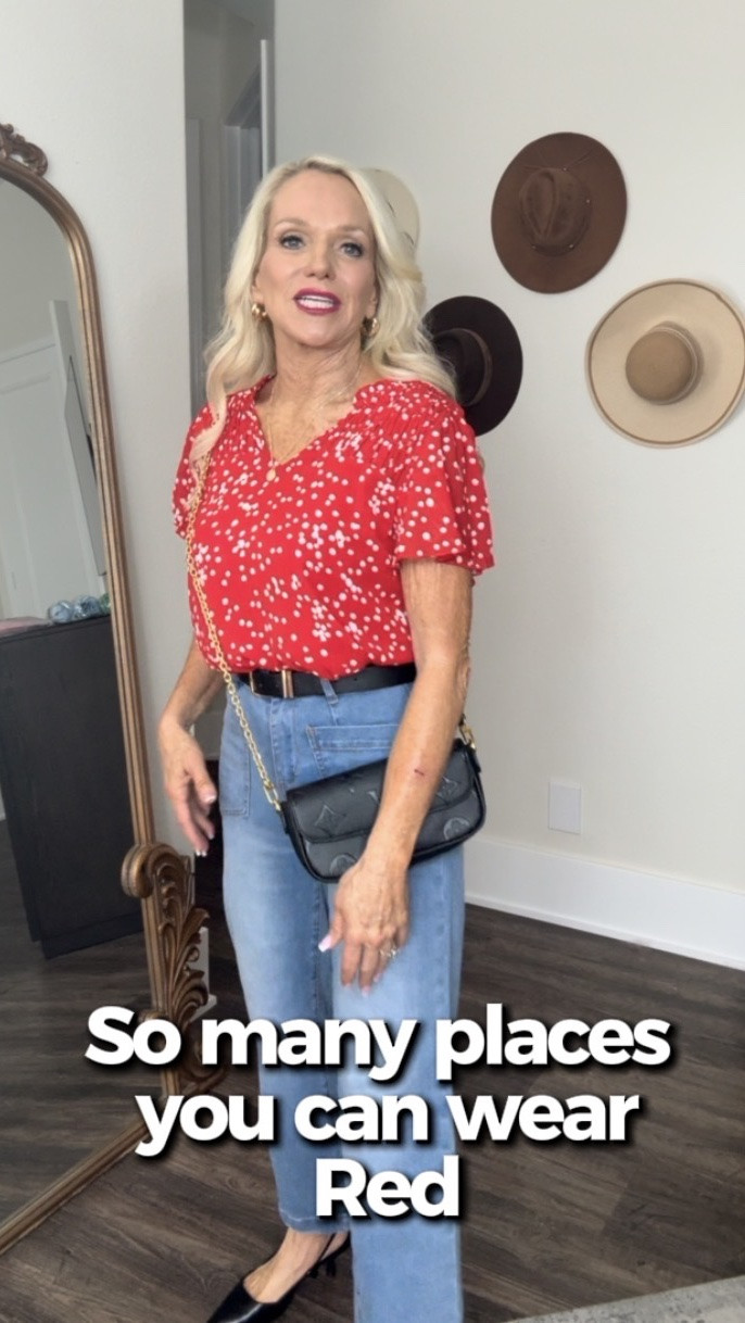 This red SHEWIN pullover blouse is one of those pieces that instantly makes you feel put together ❤️ The flowy sleeves, the soft relaxed fit, and the delicate white sparkle-like details give it such a fun feminine touch. It looks amazing paired with faded denim for an effortless everyday look, but you could easily wear it to the office too. Casual, classy, and comfortable all in one ✨ #LTKStyle #SHEWIN #AmazonFashion #EffortlessStyle #CasualChic #DenimStyle #EverydayFashion #LTKFinds #RedTop #FashionOver40