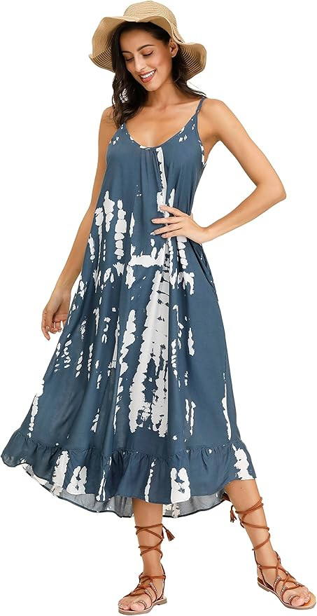 BUENOS NINOS Women's V Neck Floral Maxi Dress Boho Printed Adjustable Spaghetti Strap Ethnic Beac... | Amazon (US)