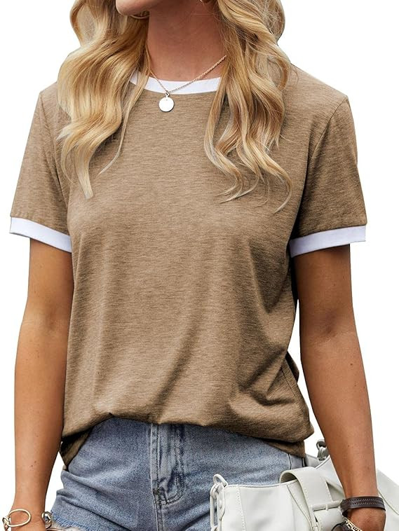 Womens T Shirt Short Sleeve Crew Neck Basic Color Block Tee Tops | Amazon (US)