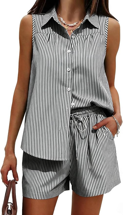 EXLURA Women's Summer 2 Piece Outfits Cotton Sleeveless Button Down Shirts Matching Shorts Sets C... | Amazon (US)
