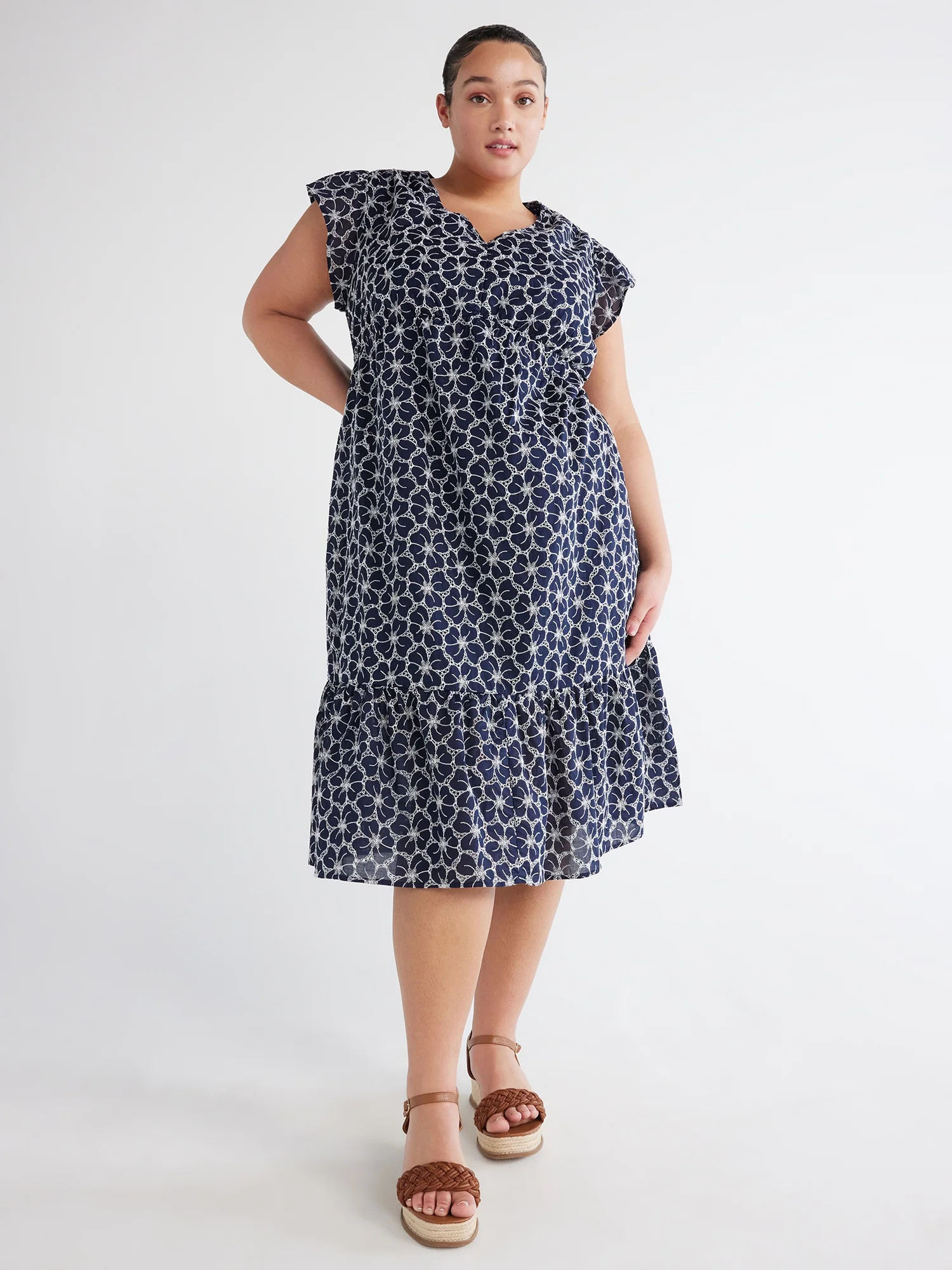 Time and Tru Women's Floral Eyelet Dress with Flutter Sleeves, Sizes XS-4X - Walmart.com | Walmart (US)