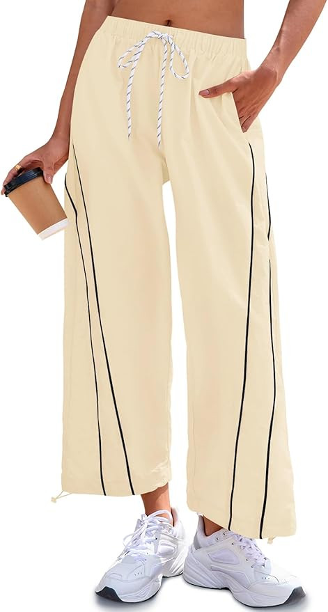 Fisoew Womens Baggy Wide Leg Pants Casual Elastic Waist Drawstring Hiking Workout Cropped Pants w... | Amazon (US)