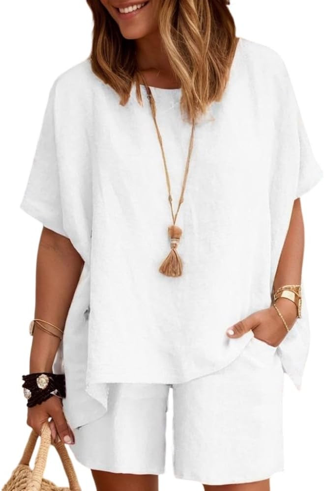 Akivide Two Piece Cotton Linen Outfits for Women Summer Casual Half Sleeve Tops and Loose Shorts ... | Amazon (US)