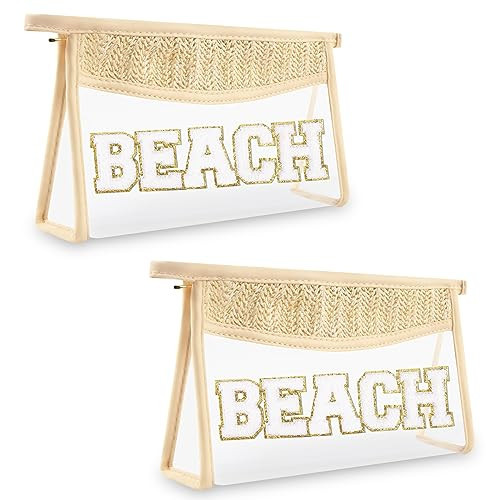 2 Pcs Boho Straw Clear Makeup Letter Bag BEACH Pouch, Sunscreen Bags for Beach Travel Small Cute Chenille Letter SPF Bag Pouch,Waterproof Beach Toiletry Sun Bag Best Beach Accessories for Women(BEACH) | Amazon (US)