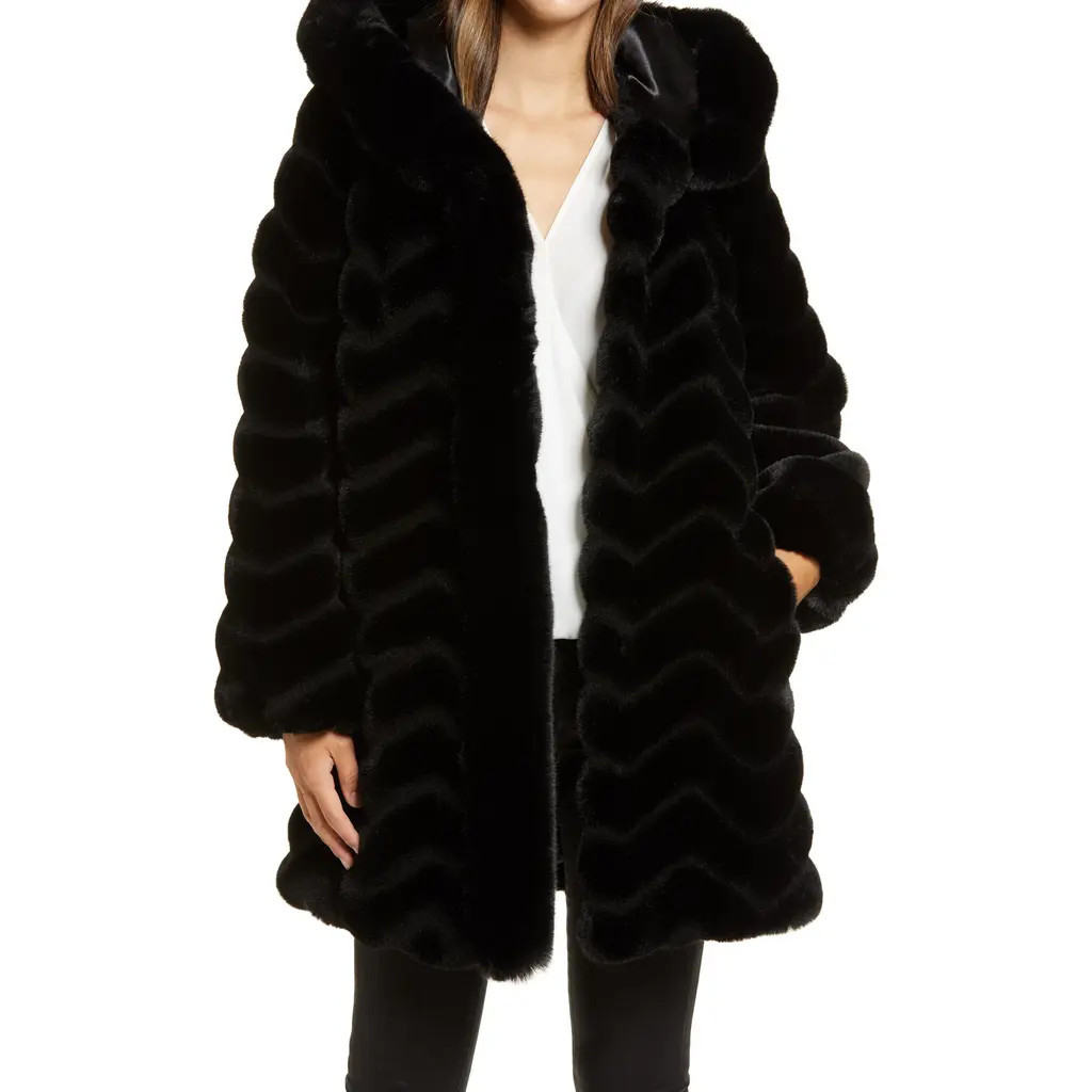 Gallery Grooved Faux Fur Hooded Jacket in Black at Nordstrom, Size Small | Nordstrom