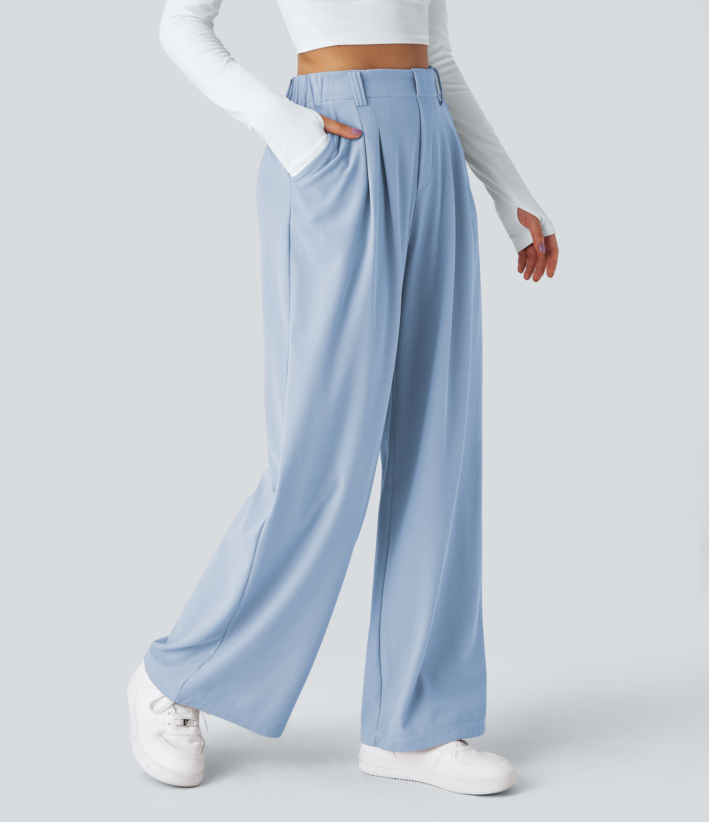 Halara Halara Flex™ High Waisted Pocket Wide Leg Waffle Work Pants  - Grisaille - S(tall) sweatpants jogger pants stacked sweatpants | HALARA