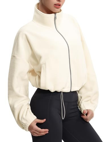 THE GYM PEOPLE Women's Fleece Cropped Jacket Full Zip Stand Collar Workout Short Sherpa Coats with Pockets Drawstring Hem | Amazon (US)