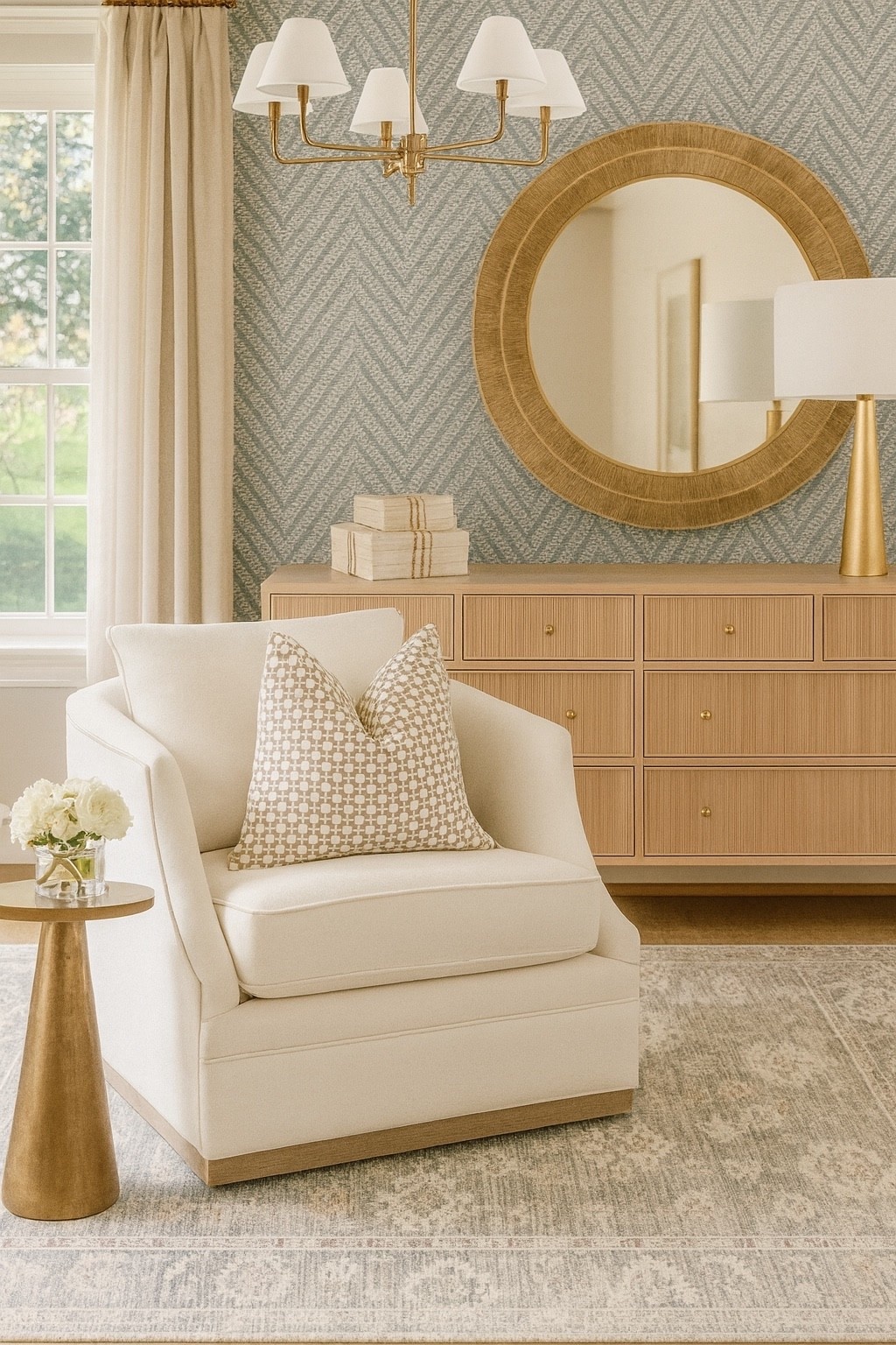 A neutral bedroom layered in soft contrast and texture 

#homedecor # bedroom #wallpaper #chair 

#LTKSaleAlert #LTKHome