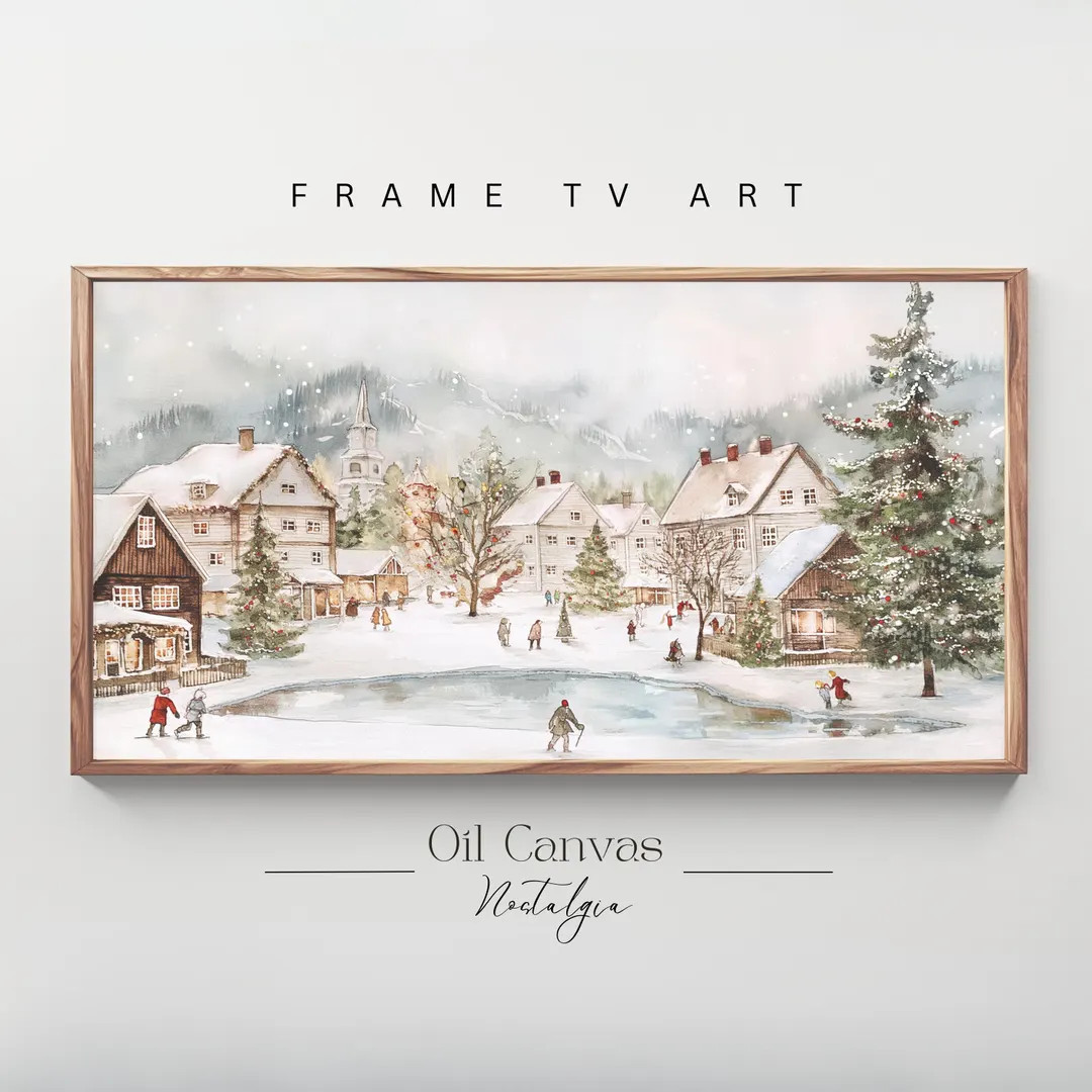 Samsung Frame TV Art Winter Village , Vintage Farmhouse Christmas Painting, Holiday Home Decor, D... | Etsy (US)