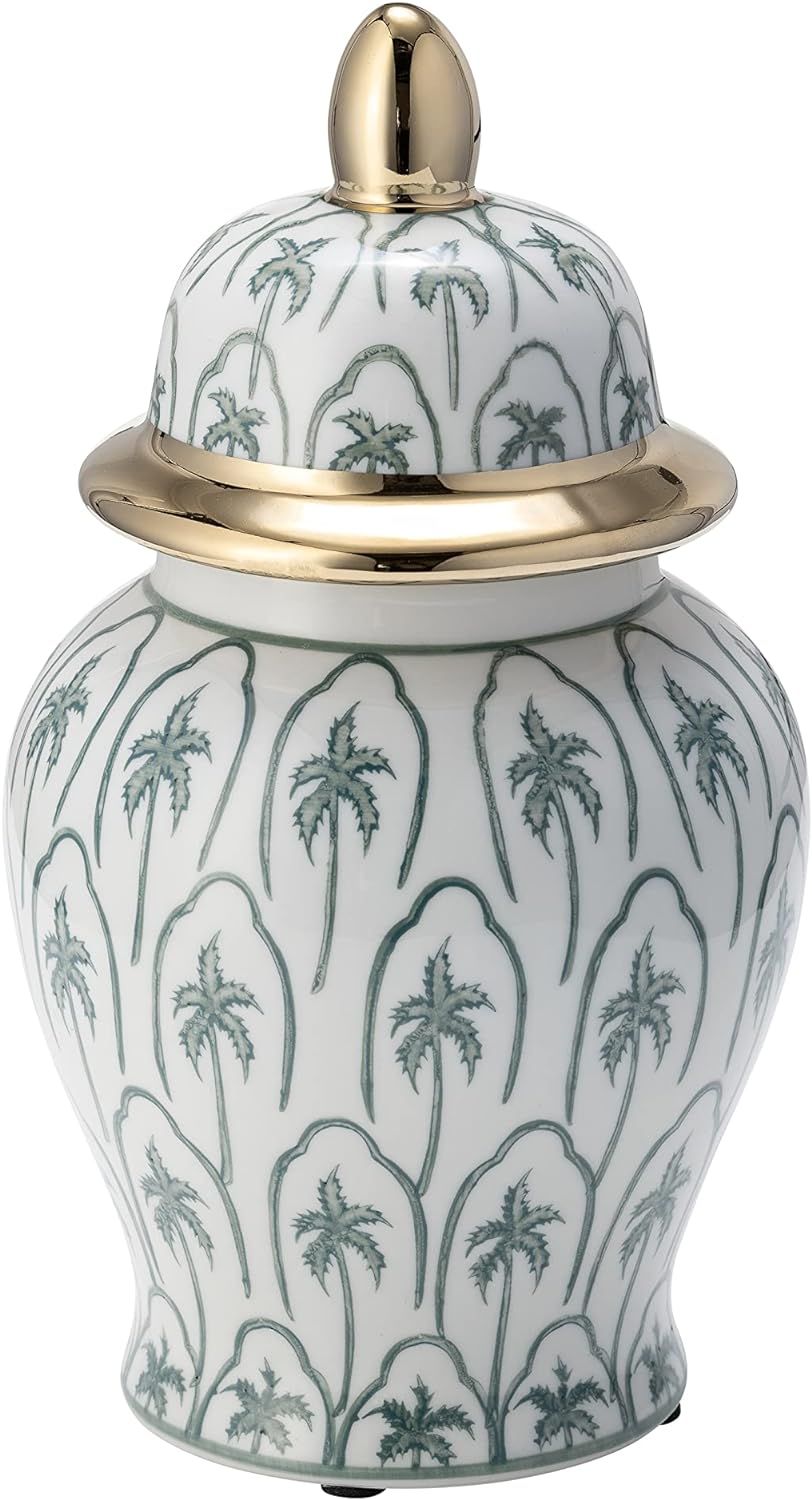 10" Temple Jar with Lid - Ceramic White, Green and Gold Palm Tree Decorative Stoneware for Home, ... | Amazon (US)