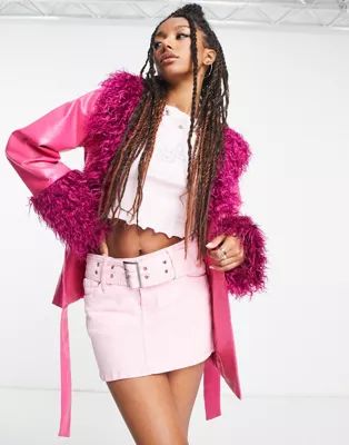 Daisy Street pink Y2K PU jacket with faux fur cuffs and collar | ASOS (Global)