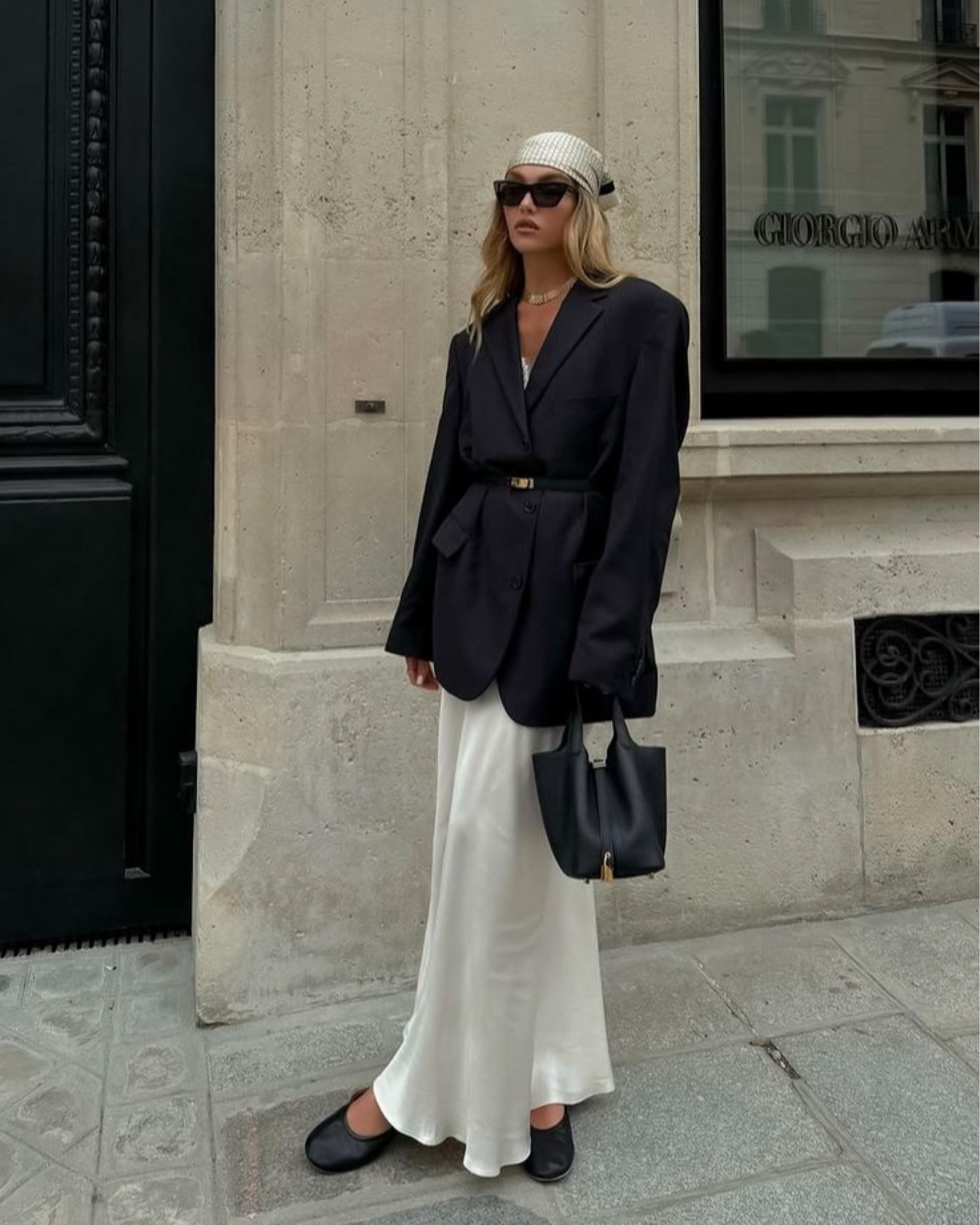 Black blazer 
White long satin skirt 
Black belt 
White satin scarf 
Black bag 

#LTKPetite #LTKStyleTip #LTKMostLoved