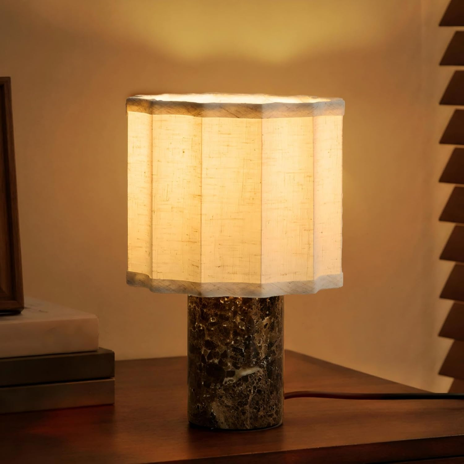 Marble Table Lamp, 10.2" Dimmable Alabaster Table Light with Linen Shade, Plug in Natural Stone Bedside Lamp for Bedroom Bedside, Desk Table, Living Room, Office, Study Room | Amazon (US)