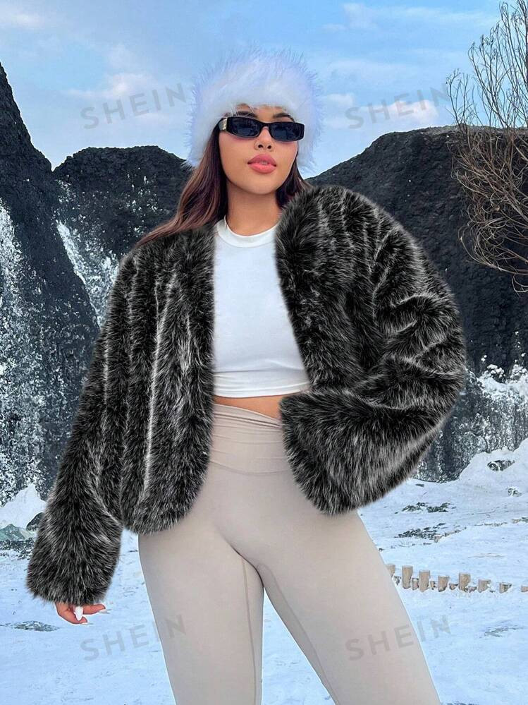 SHEIN EZwear Plus Size Women's Solid Color Long Sleeve Open Front Loose Fluffy Winter Jacket | SHEIN