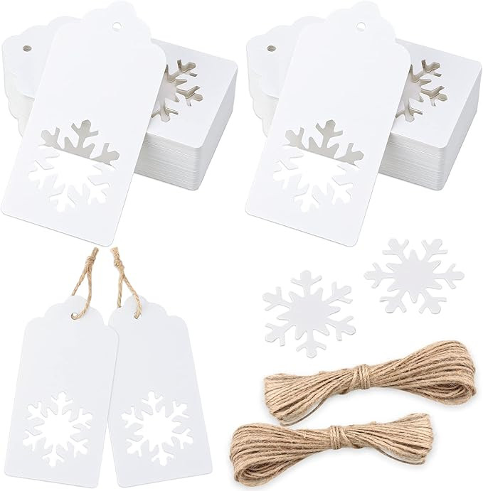 jijAcraft Christmas Gift Tags, 100 Pcs Christmas Tags with String, White Hollow Christmas Snowfla... | Amazon (US)