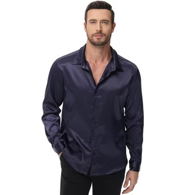 YESFASHION Men's Shiny Satin Dress Shirts Long Sleeve Button Down Blouses,M,Navy blue | Target