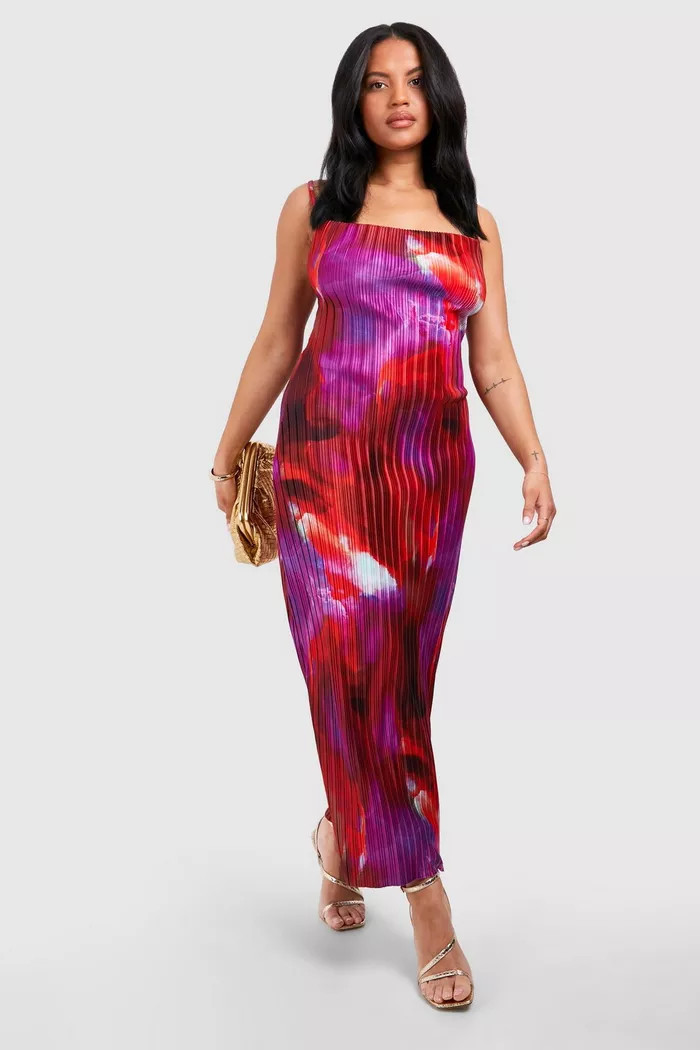 Plus Abstract Print Cowl Neck Plisse Maxi Dress | boohoo (US & Canada)