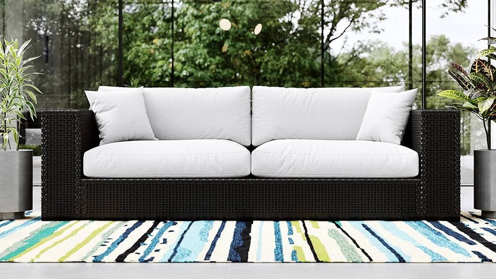 ZURI Modern Marquesa Outdoor Black Wicker Sofa with Quick Drying Cushions in White | Amazon (US)
