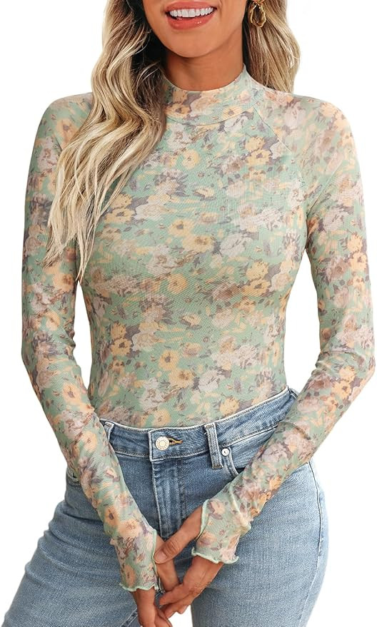 Dealmore Floral Mesh Mockneck Long Sleeve Shirts for Women with Thumb Hole Fashion Fall Outfits 2... | Amazon (US)
