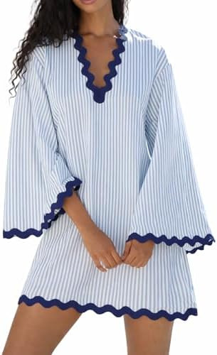 VAOYIU Women's Boho Striped V-Neck Dress Flowy Bell Sleeves Cover Up with Wavy Trim Beach Resort ... | Amazon (US)