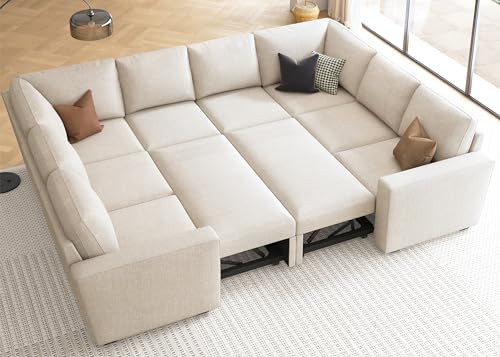 HONBAY Sleeper Sectional Couch with Pull Out Bed, Modular Sofa with Storage Seats, U Shaped Sectional Couches for Living Room, Beige | Amazon (US)