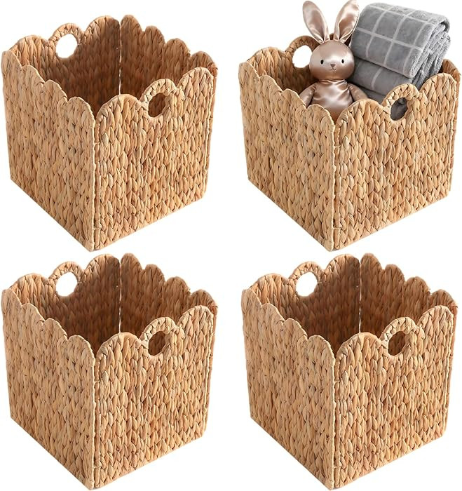 Scalloped Wicker Storage Cubes Basket, 12”x12“ Heavy Duty Paper rope/Hyacinth/Seagrass Basket... | Amazon (US)